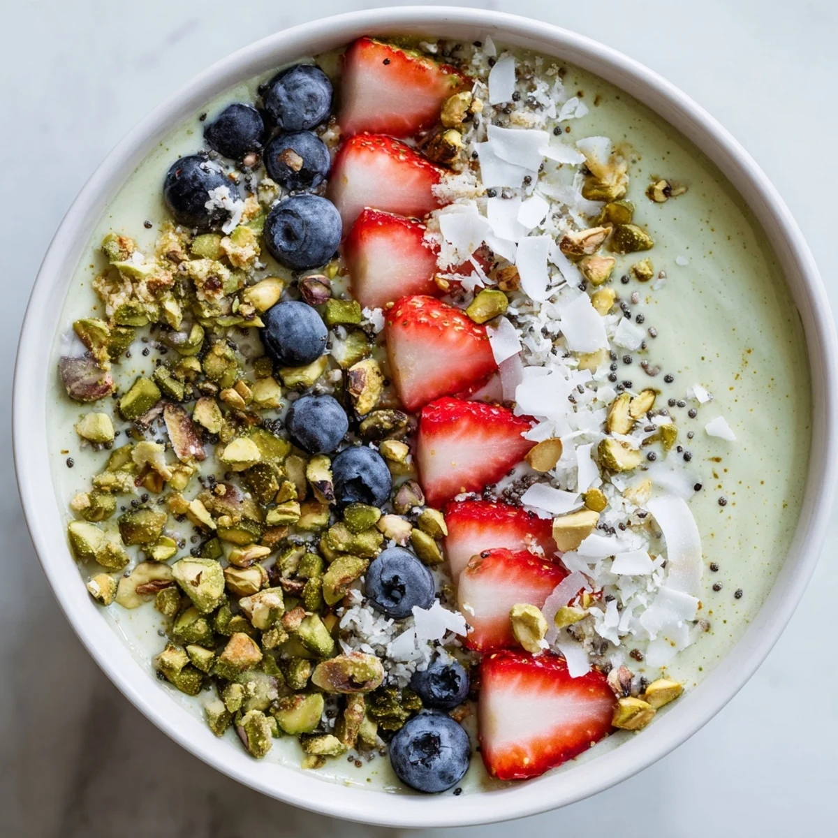 Vibrant green pistachio matcha breakfast bowl with sliced berries and chopped nuts, served chilled for a refreshing start.