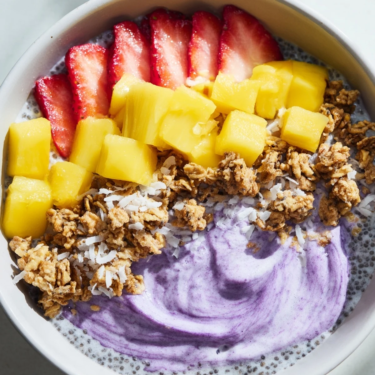 Vibrant purple ube chia breakfast bowl topped with fresh mango slices and crunchy granola.