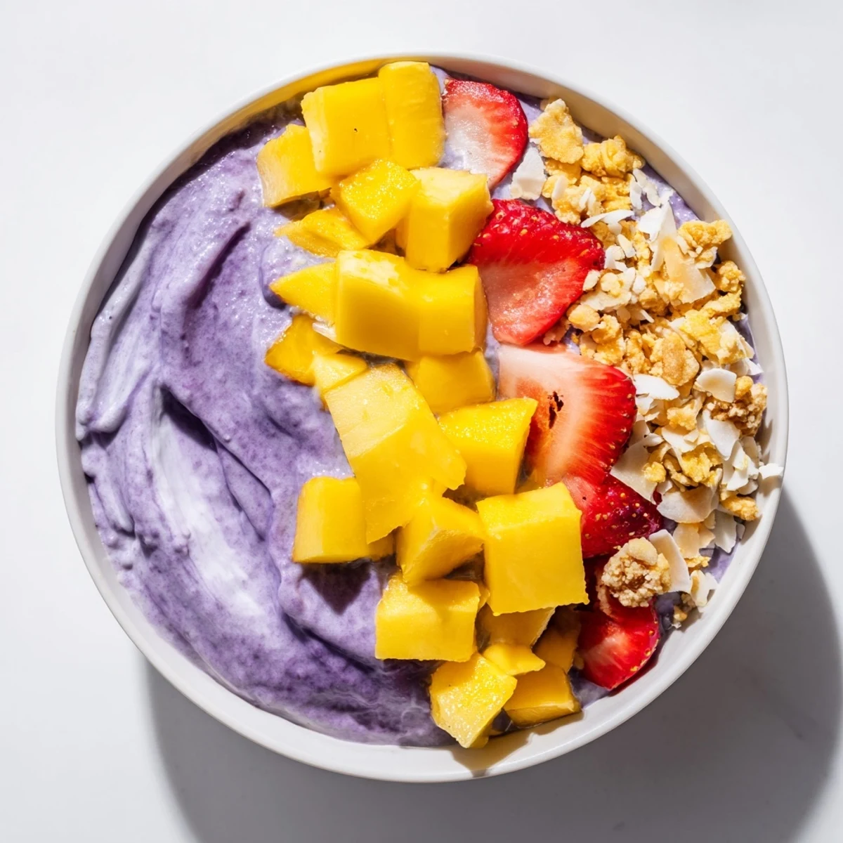 Hearty vegan breakfast bowl featuring ube and coconut milk layered with chia pudding.