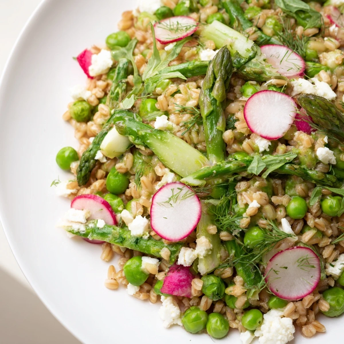Bright Spring Pea and Asparagus Grain Salad with tender greens and a zesty lemon-herb dressing.