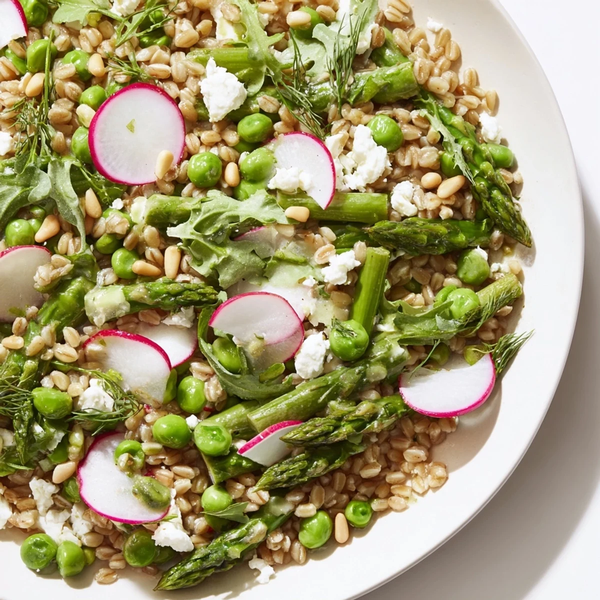 A fresh Spring Pea and Asparagus Grain Salad topped with feta and pine nuts, served on a platter.