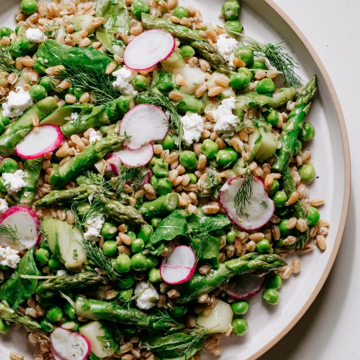Vibrant Spring Pea and Asparagus Grain Salad featuring blanched veggies, hearty farro, and a bright dressing.