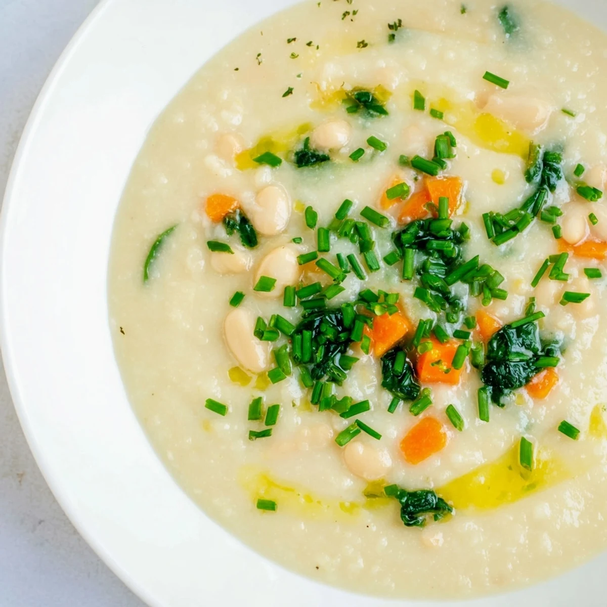A close-up of creamy white bean and ramp hearty soup in a rustic bowl, garnished with olive oil and fresh herbs. 