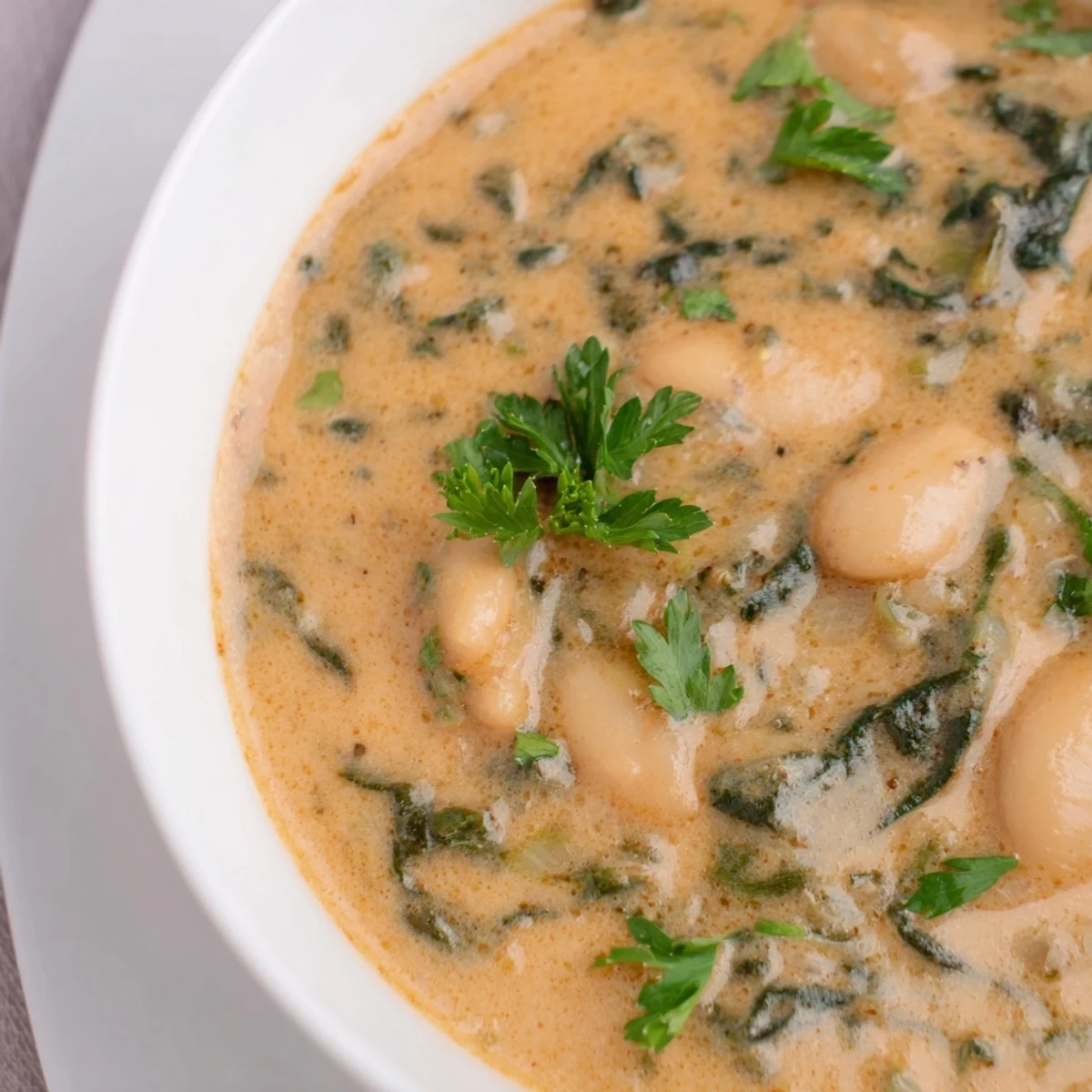 A hearty bowl of Smoky Butter Bean and Spinach Hearty Soup with visible diced vegetables and a ladle ready to serve.
