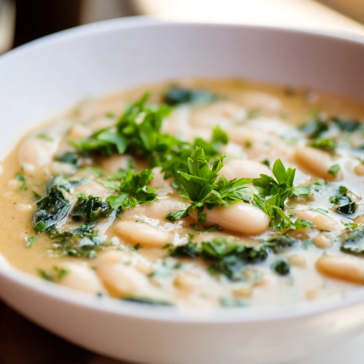 Creamy butter beans and wilted spinach in a rich, smoky broth served in a rustic bowl with crusty bread on the side.