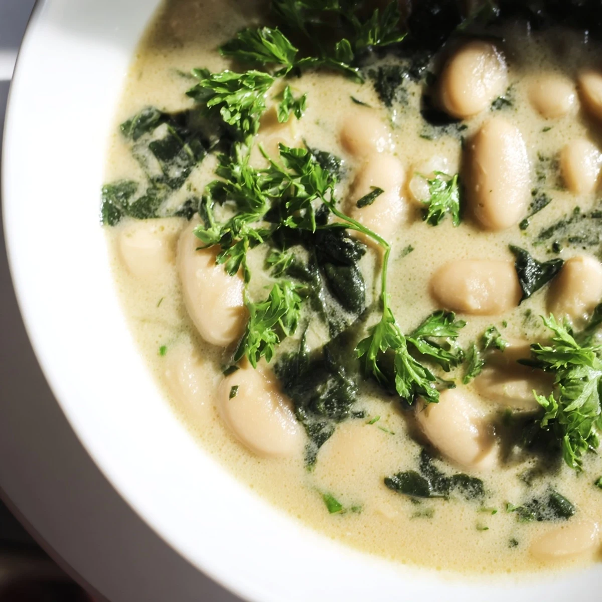 Close-up of vibrant green spinach and tender butter beans in a smoky tomato-based broth, perfect for a cozy vegetarian meal.