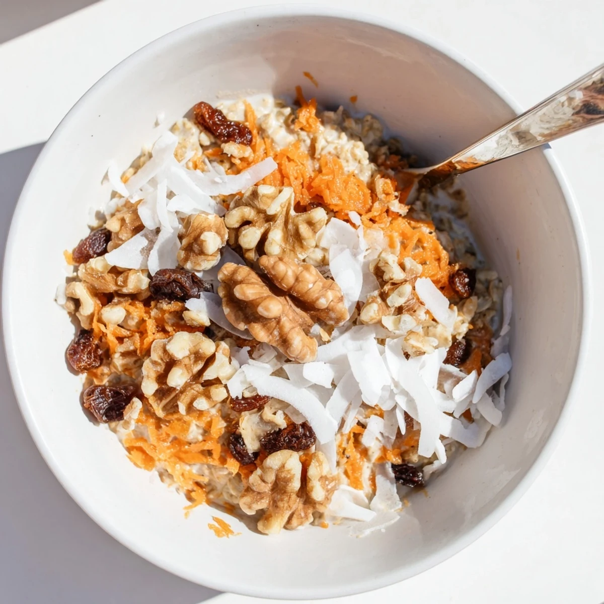 Spooning into a thick Carrot Cake Overnight Oats Breakfast Bowl with shredded carrots and Greek yogurt.