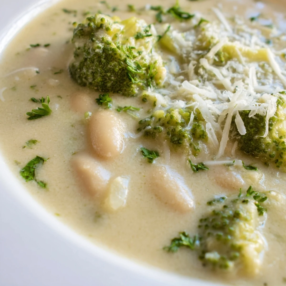 A comforting bowl of Creamy Broccoli White Bean Hearty Soup garnished with fresh parsley and grated Parmesan.  