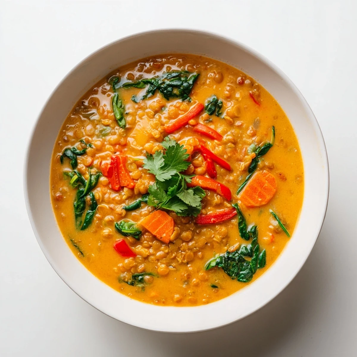Creamy Thai Inspired Coconut Lentil Hearty Soup in a rustic bowl, garnished with fresh cilantro and lime wedges, steaming warmly beside a spoon and jasmine rice.