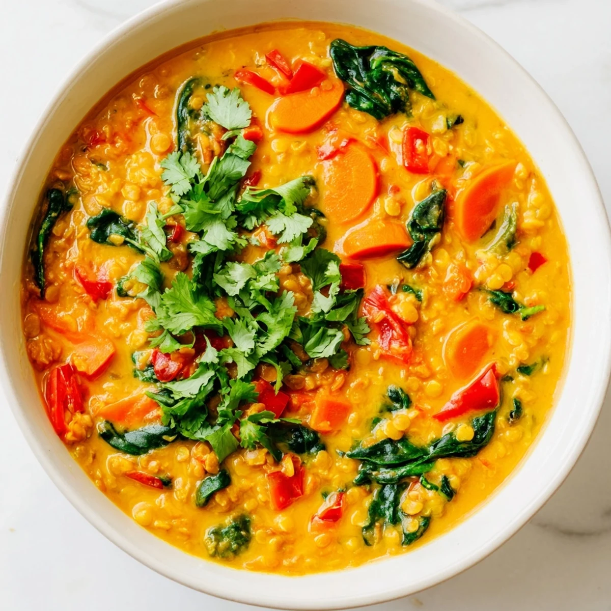 A close-up of Thai Inspired Coconut Lentil Hearty Soup, featuring vibrant orange broth with tender red lentils, carrots, and red bell peppers in a coconut milk base.