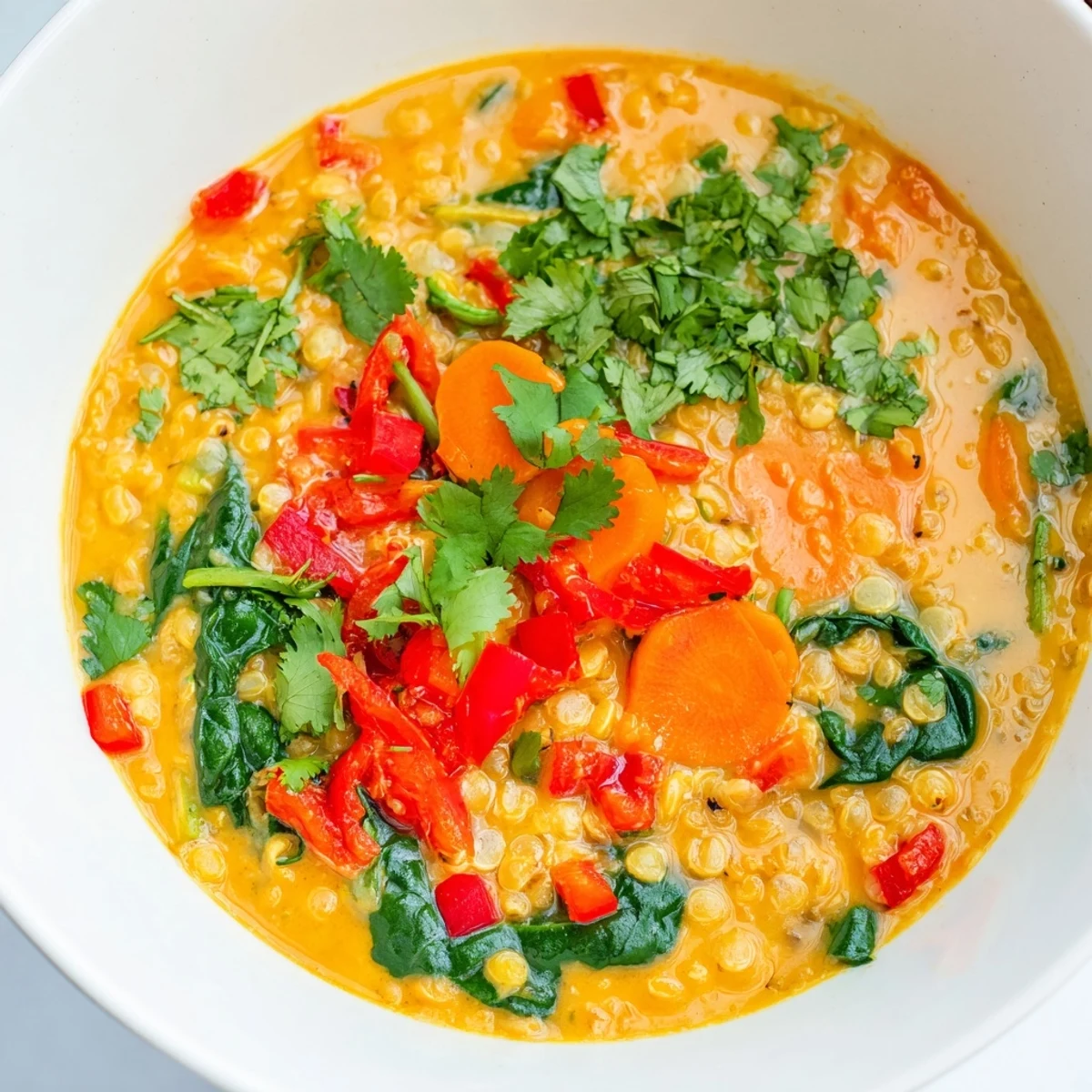Hearty Thai Inspired Coconut Lentil Hearty Soup served in a ceramic bowl, garnished with cilantro, with lime wedges on the side and a cloth napkin.