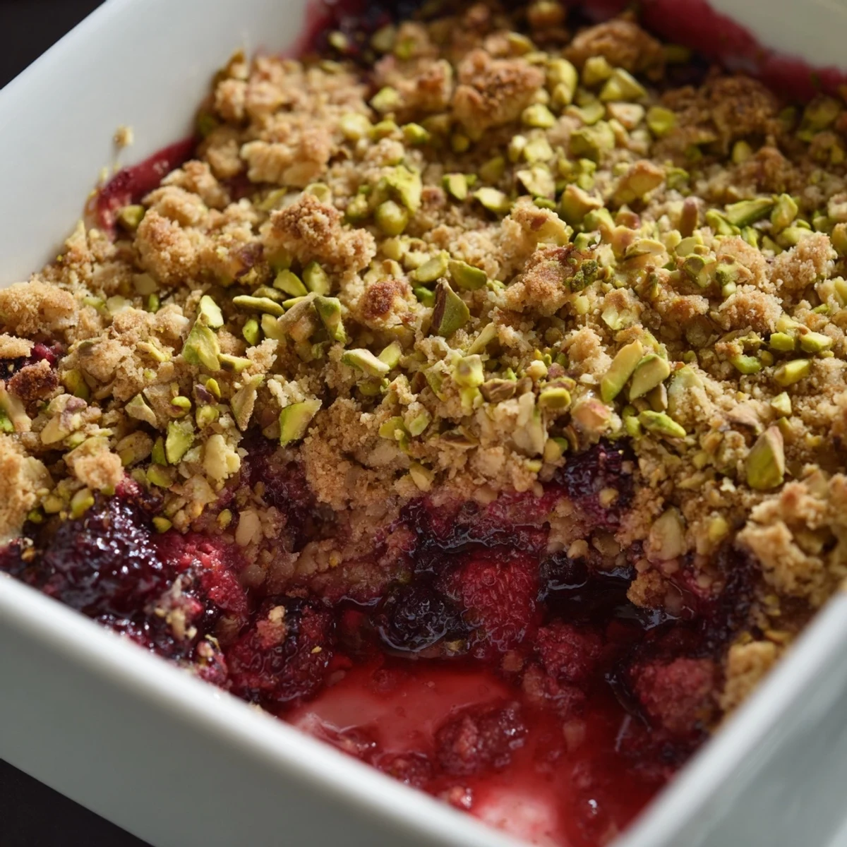 A close-up view of a warm Pistachio Raspberry Crumble fresh from the oven, with bubbling red fruit and a golden nutty topping.