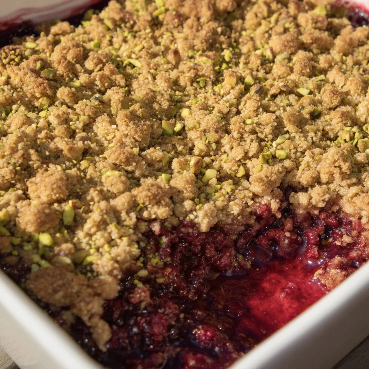 Perfect for serving Pistachio Raspberry Crumble with a scoop of vanilla ice cream melting over the crisp, nutty surface.