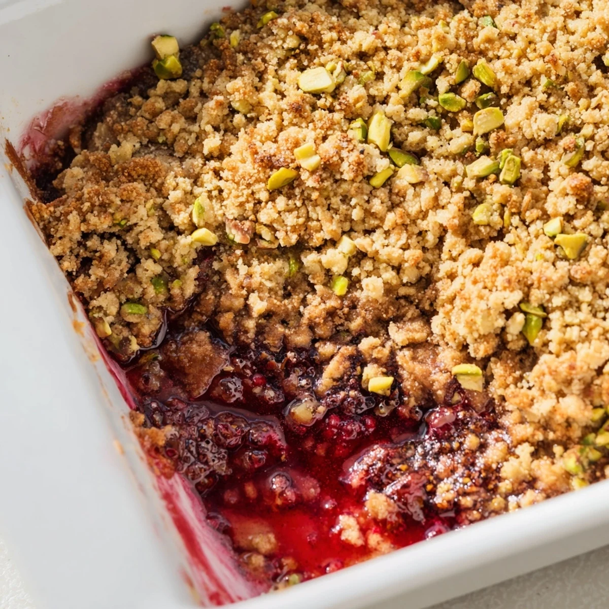 A rustic baking dish filled with homemade Pistachio Raspberry Crumble showing juicy raspberries and coarse pistachio oat crumble topping.
