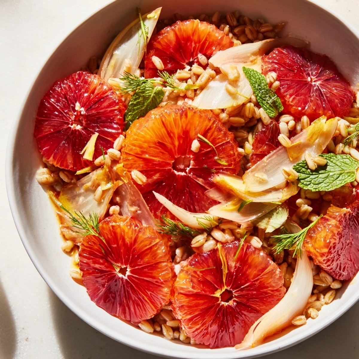 A vibrant Blood Orange and Fennel Grain Salad features juicy citrus, crisp vegetables, and hearty farro on a white platter.