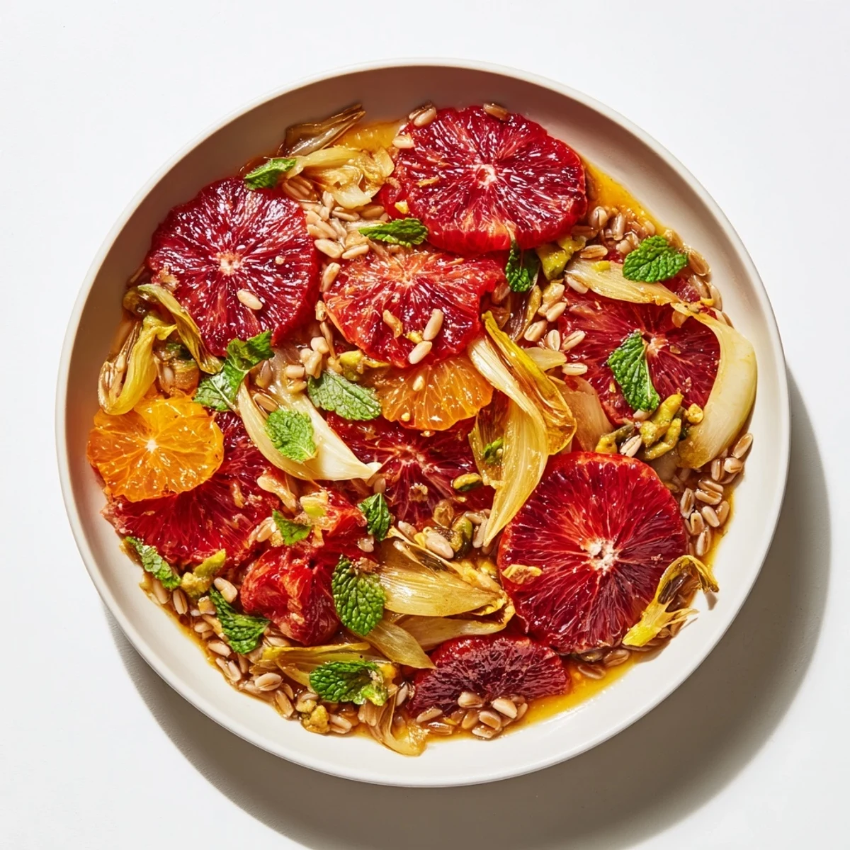 Freshly segmented blood oranges and thinly sliced fennel top the Blood Orange and Fennel Grain Salad with mint and pomegranate seeds.