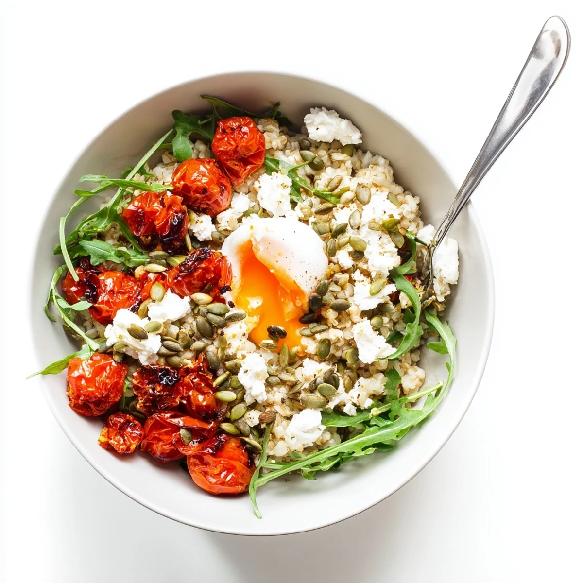 Savory Oats Breakfast Bowl with Roasted Tomatoes and Arugula topped with a runny yolk egg, crumbled feta, and toasted pumpkin seeds on a white plate. 