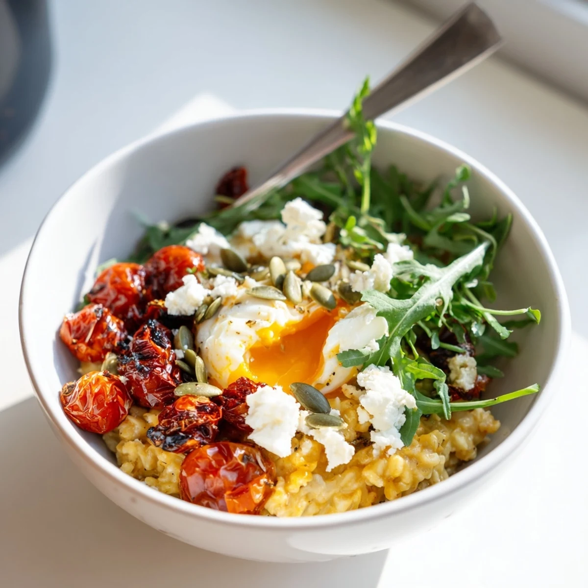 A close-up of Savory Oats Breakfast Bowl with Roasted Tomatoes and Arugula showing creamy oats, caramelized cherry tomatoes, and fresh peppery greens. 