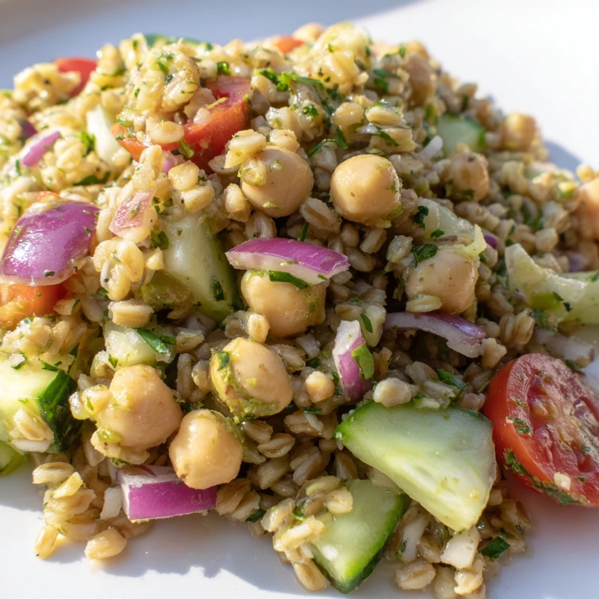 Close-up of Herbed Freekeh and Chickpea Grain Salad with diced cucumbers, cherry tomatoes, and fresh parsley on a white plate.