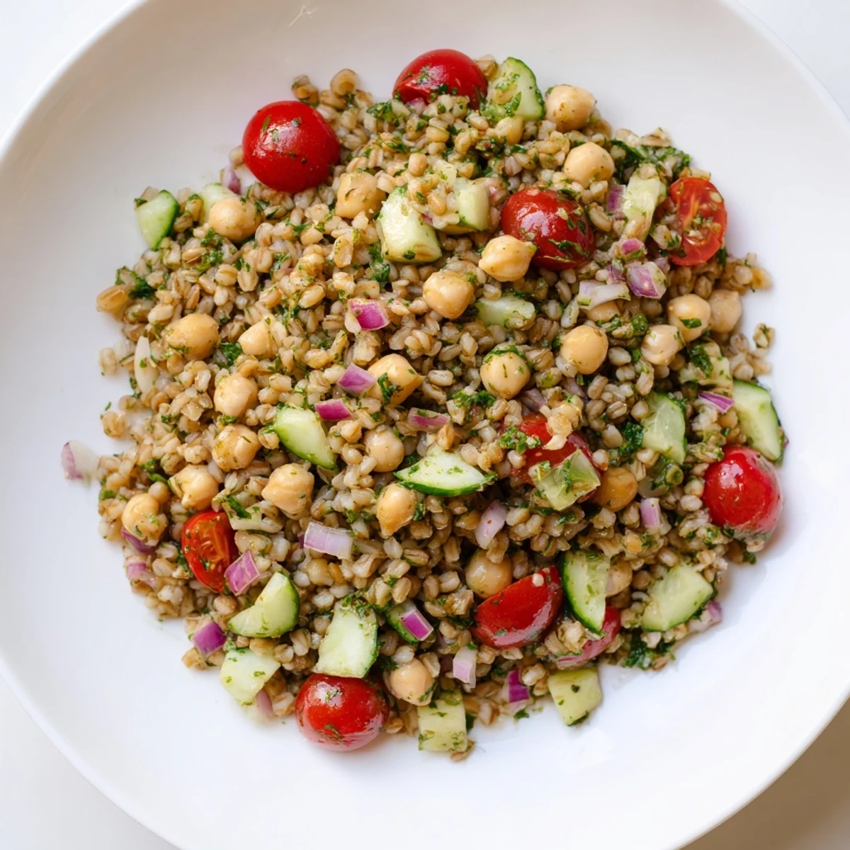 Bowl of Herbed Freekeh and Chickpea Grain Salad featuring mint and dill, ready to serve as a light Mediterranean lunch.