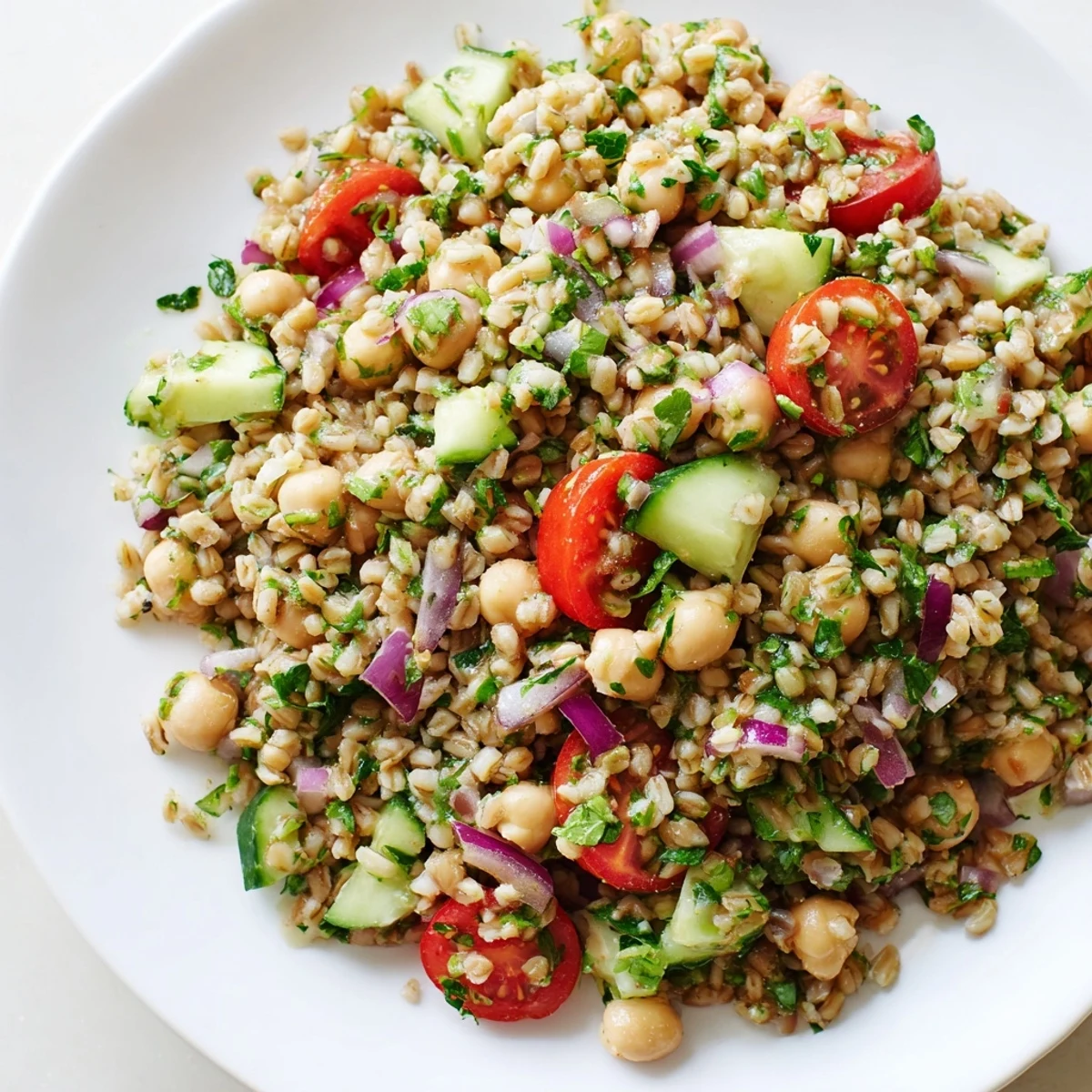 Herbed Freekeh and Chickpea Grain Salad tossed with lemony dressing, ideal for a vegetarian dinner side dish.