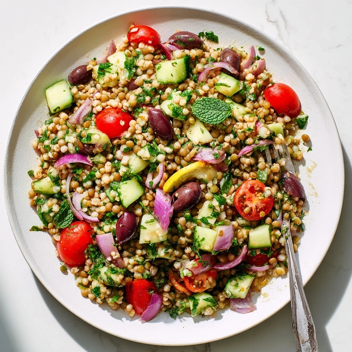 A generous bowl of Mediterranean Sorghum and Lentil Grain Salad features roasted red peppers and red onion, served as a vegan side.
