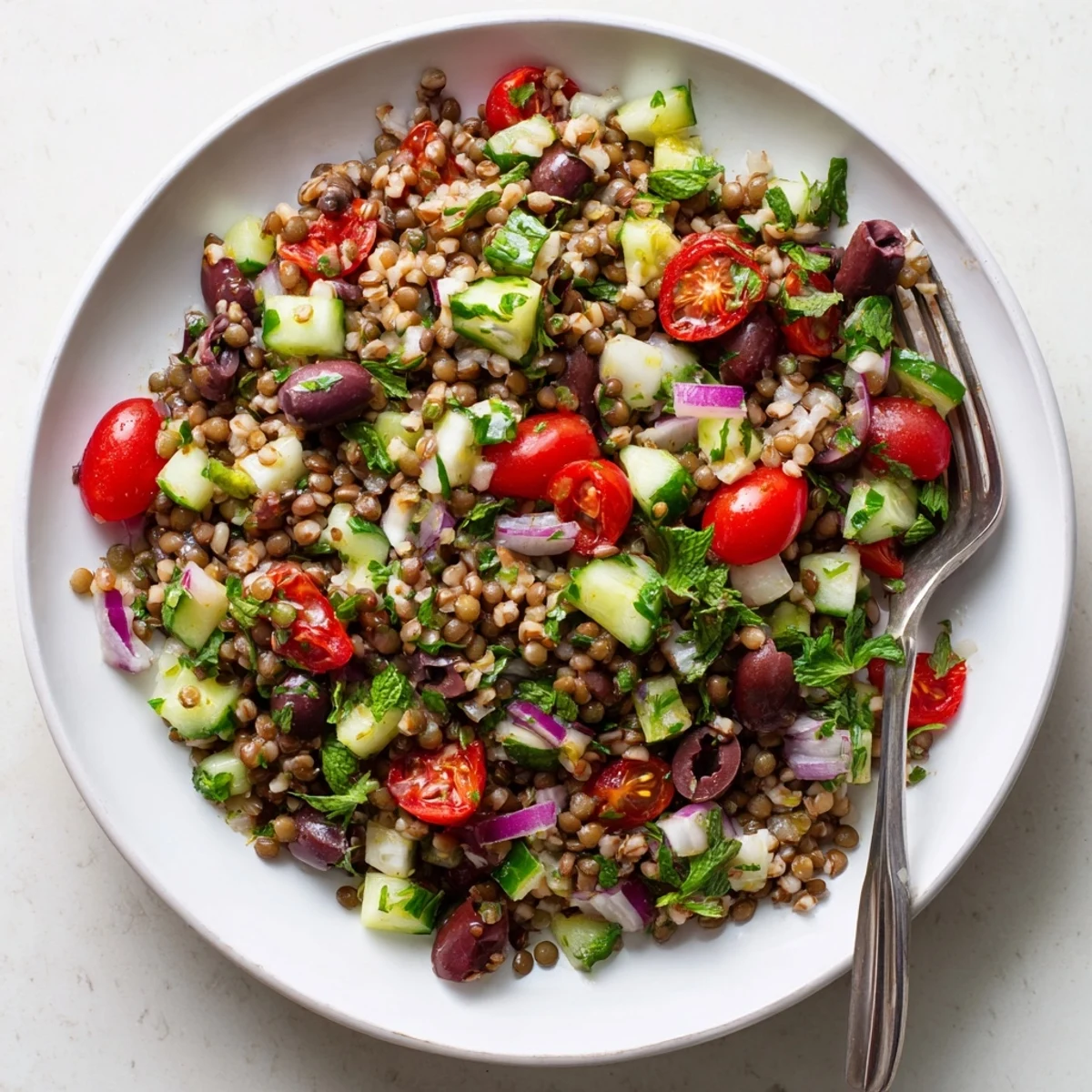 Tangy lemon-olive oil dressing coats hearty Mediterranean Sorghum and Lentil Grain Salad garnished with fresh parsley and mint leaves.