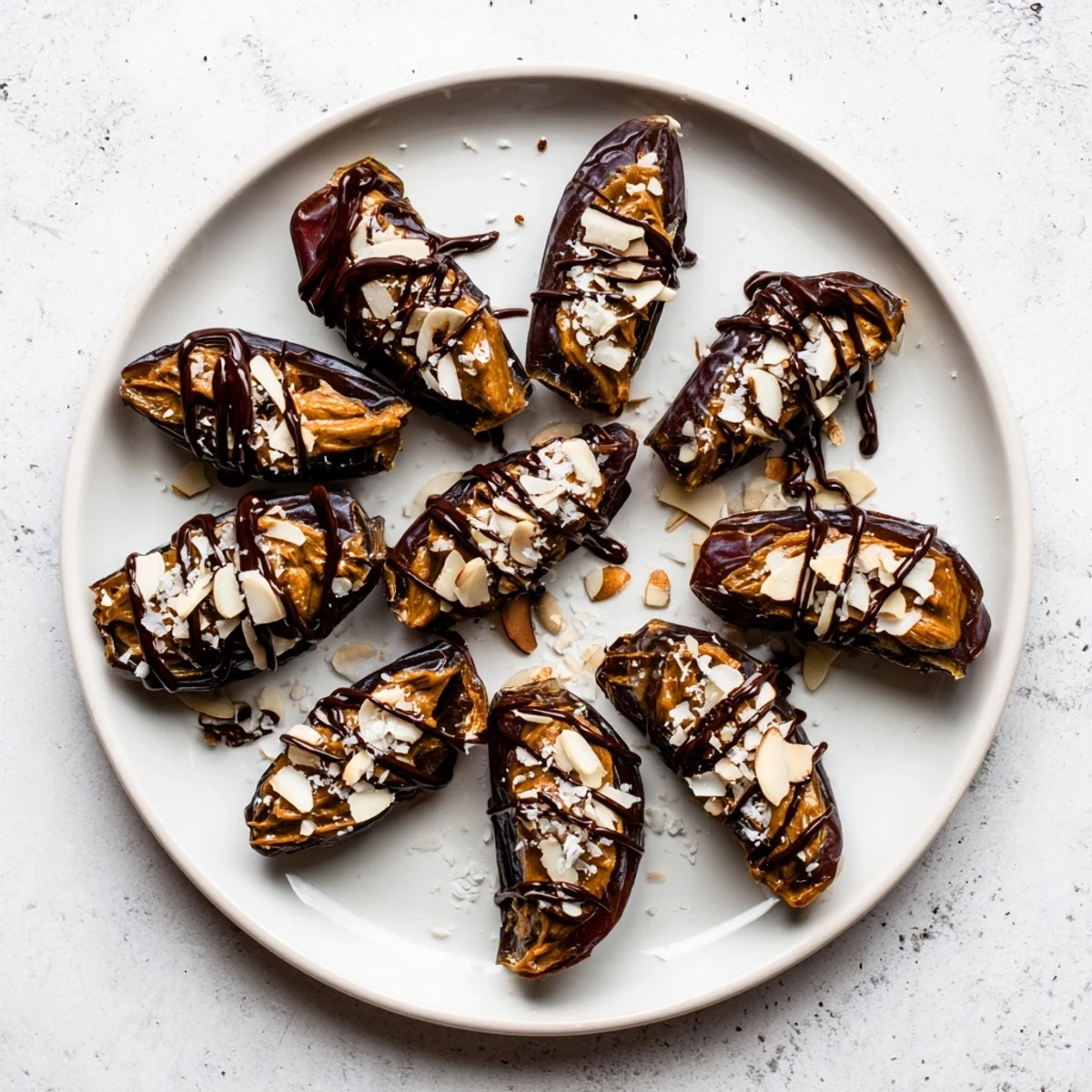 Close-up of Almond Butter Stuffed Dates Sweet Treat showing melted dark chocolate drizzle over the nutty almond butter filling.