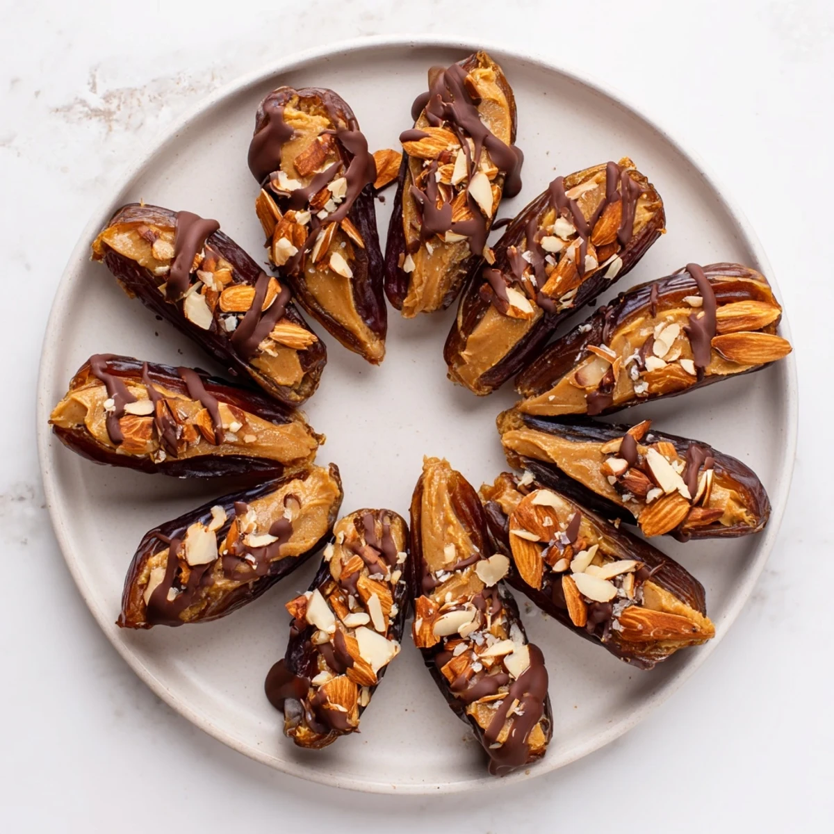 Overhead view of Almond Butter Stuffed Dates Sweet Treat arranged on a serving platter with chopped roasted almonds garnish.