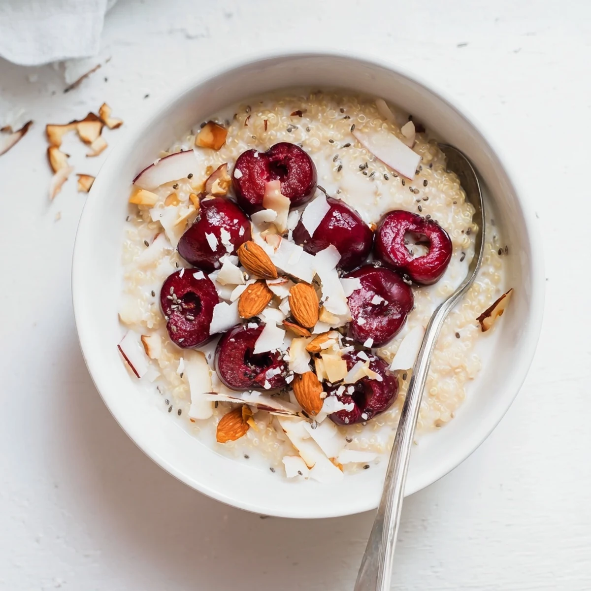 Top-down view of a Cherry Vanilla Quinoa Breakfast Bowl topped with shredded coconut, chia seeds, and sweet cherries.