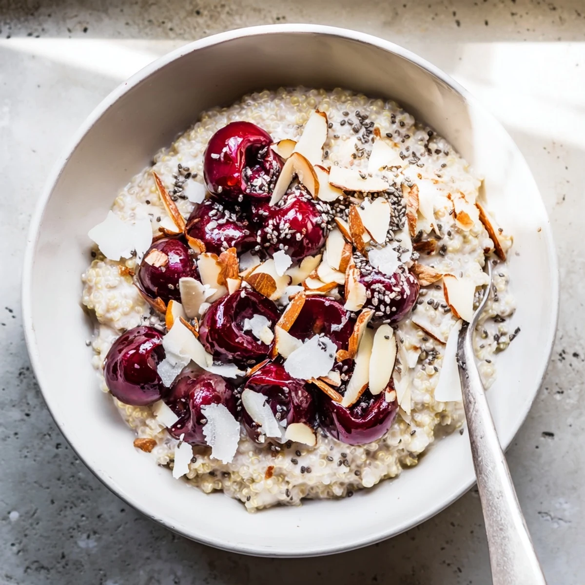 A close-up of a Cherry Vanilla Quinoa Breakfast Bowl with fluffy grains, glossy cherries, and crunchy almonds.