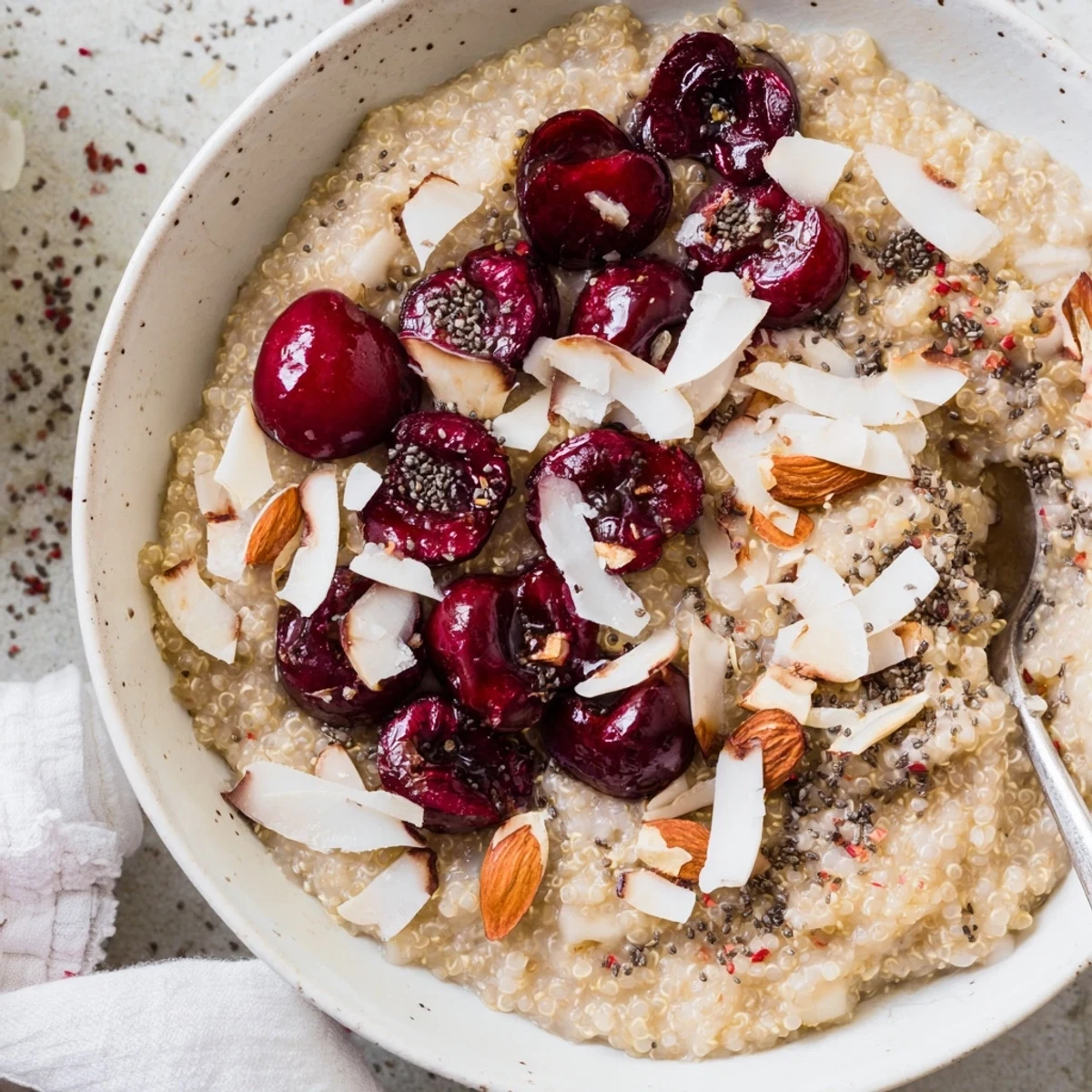 A nourishing bowl of Cherry Vanilla Quinoa Breakfast Bowl served warm with vanilla-scented quinoa and fresh cherries.