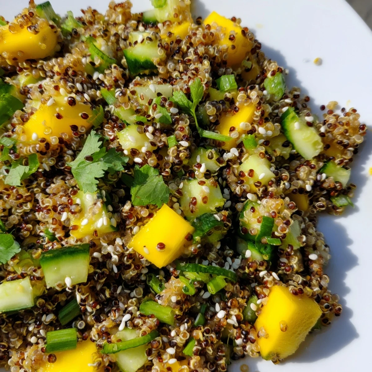 Colorful bowl of Mango Cucumber Sesame Grain Salad with diced mango, cucumber, and toasted sesame seeds garnish.