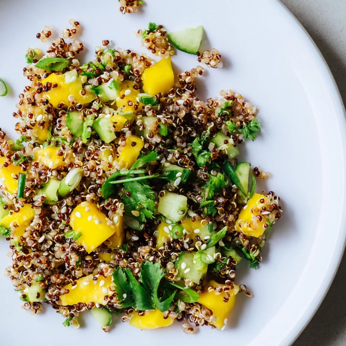 Close-up of Mango Cucumber Sesame Grain Salad showing nutty grains, crisp cucumber, and vibrant mango chunks.
