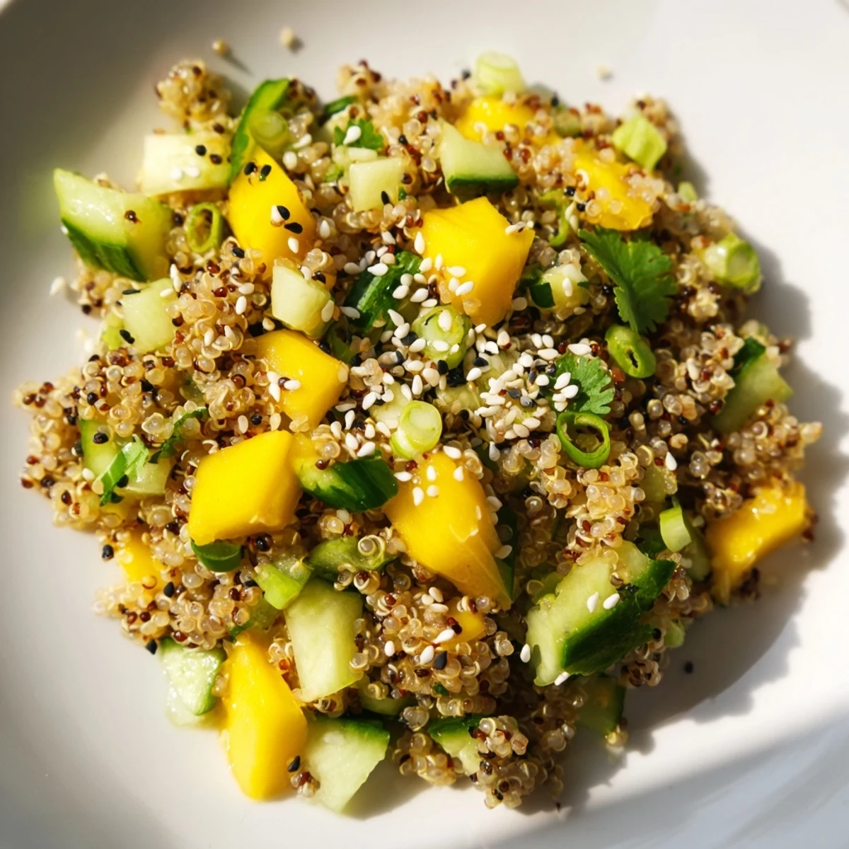 Bright Mango Cucumber Sesame Grain Salad served in a white bowl with fresh cilantro and quinoa grains.