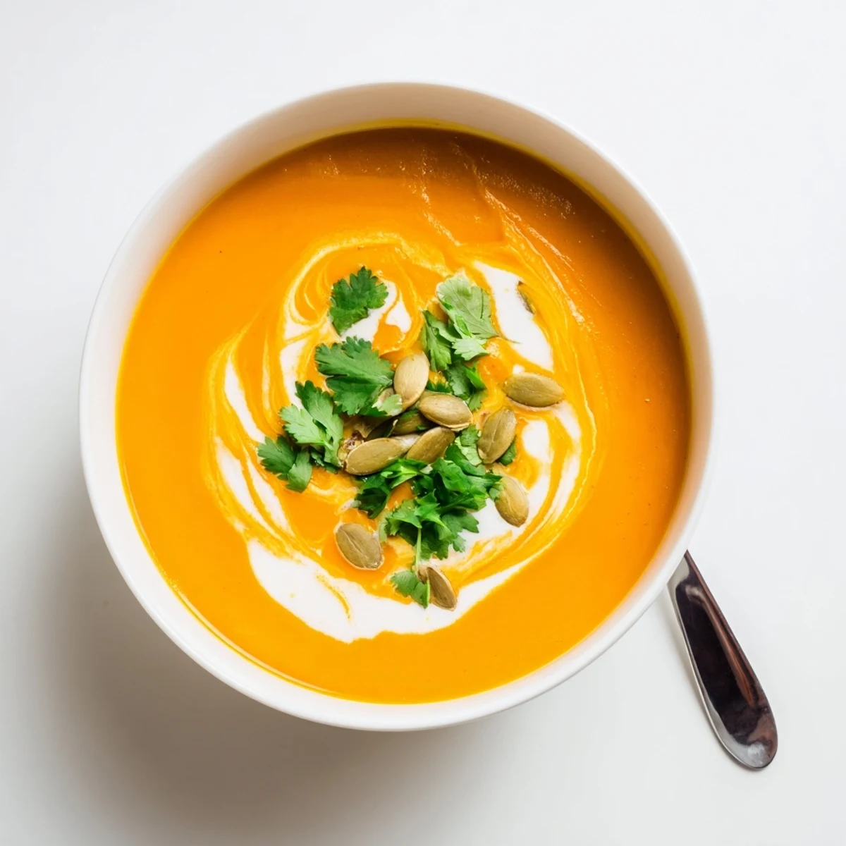 A bowl of creamy Ginger Turmeric Carrot Hearty Soup, garnished with fresh herbs and pumpkin seeds, steaming warmly.