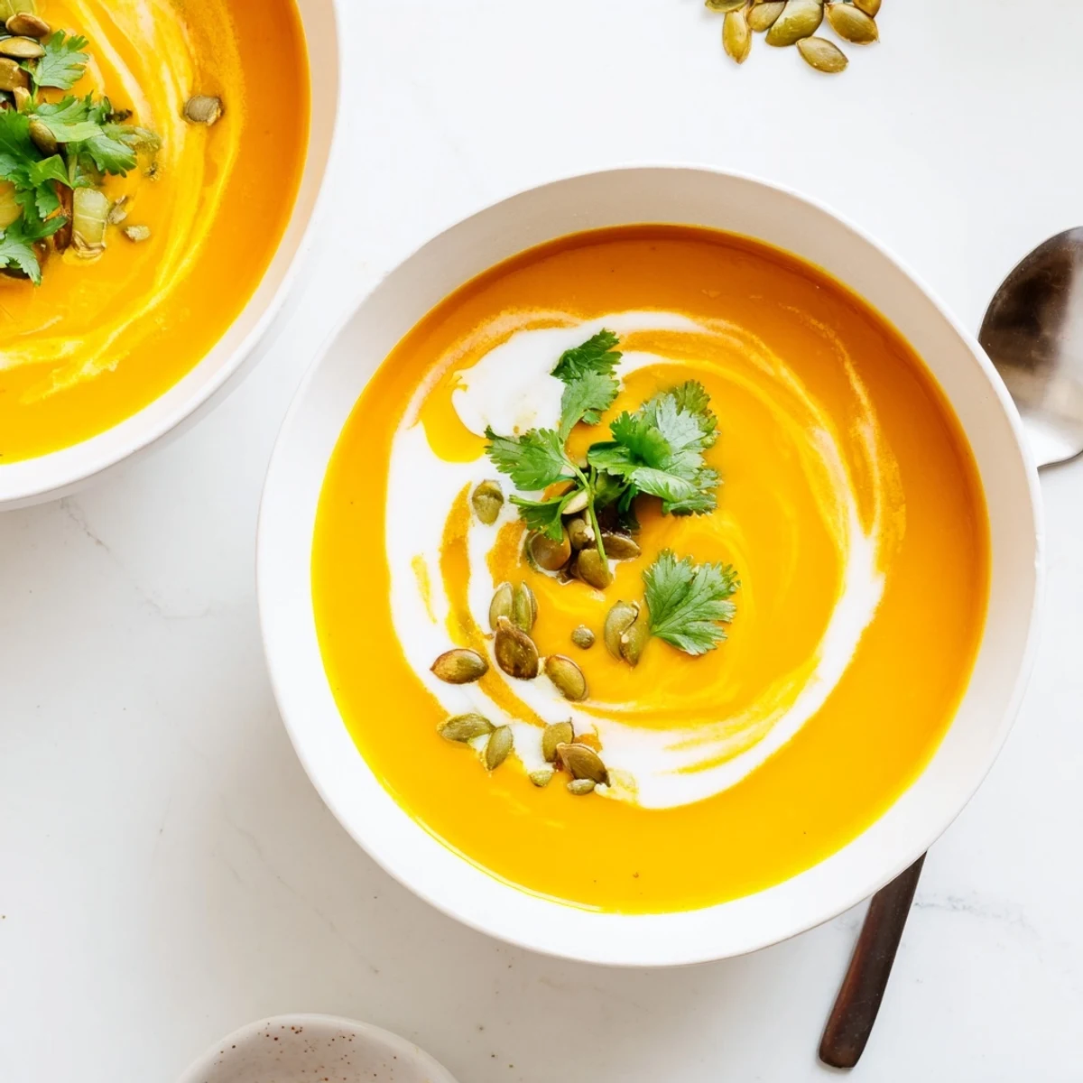 Vibrant orange Ginger Turmeric Carrot Hearty Soup swirls with coconut milk in a rustic bowl, ready to enjoy.