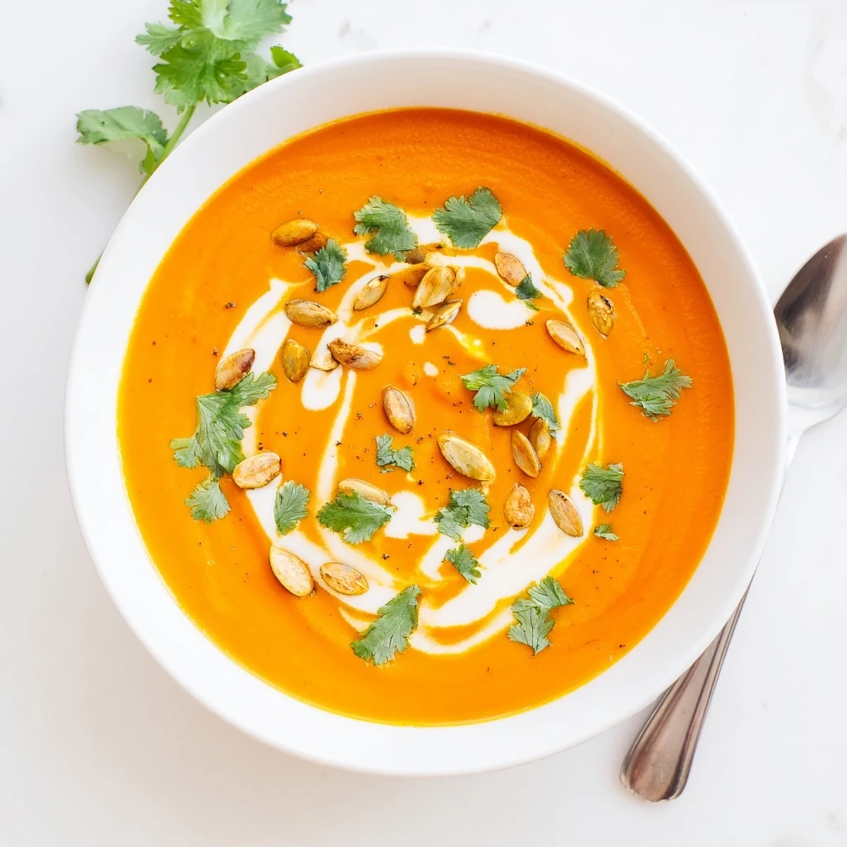 Close-up on smooth Ginger Turmeric Carrot Hearty Soup, featuring a sprinkle of seeds and a bright garnish.