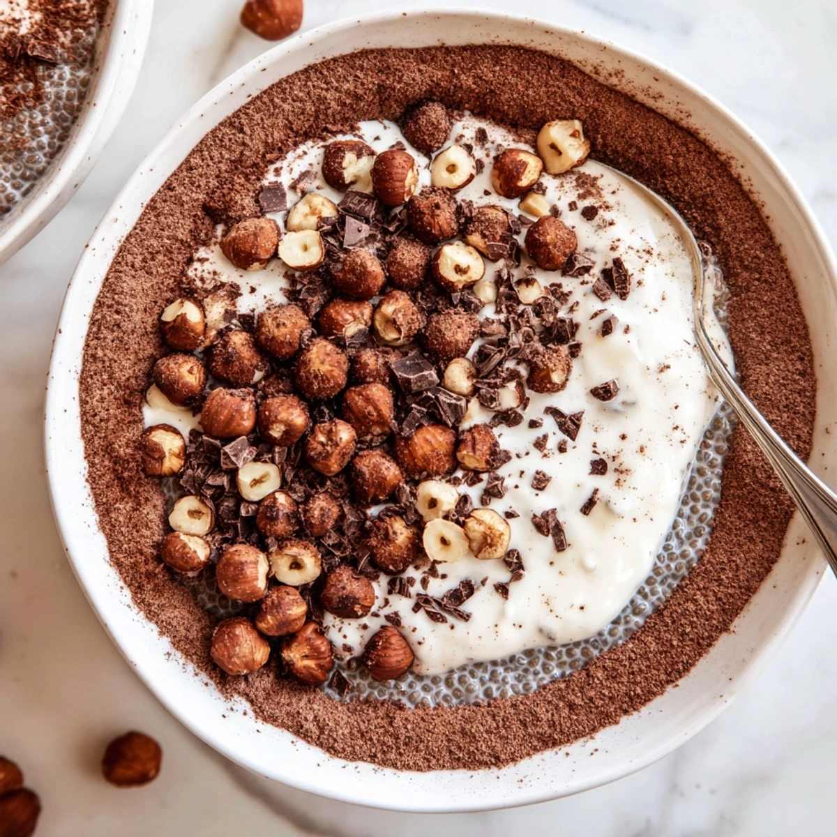 A close-up of Tiramisu Chia Breakfast Bowl showing creamy chia pudding layered with sweetened Greek yogurt.