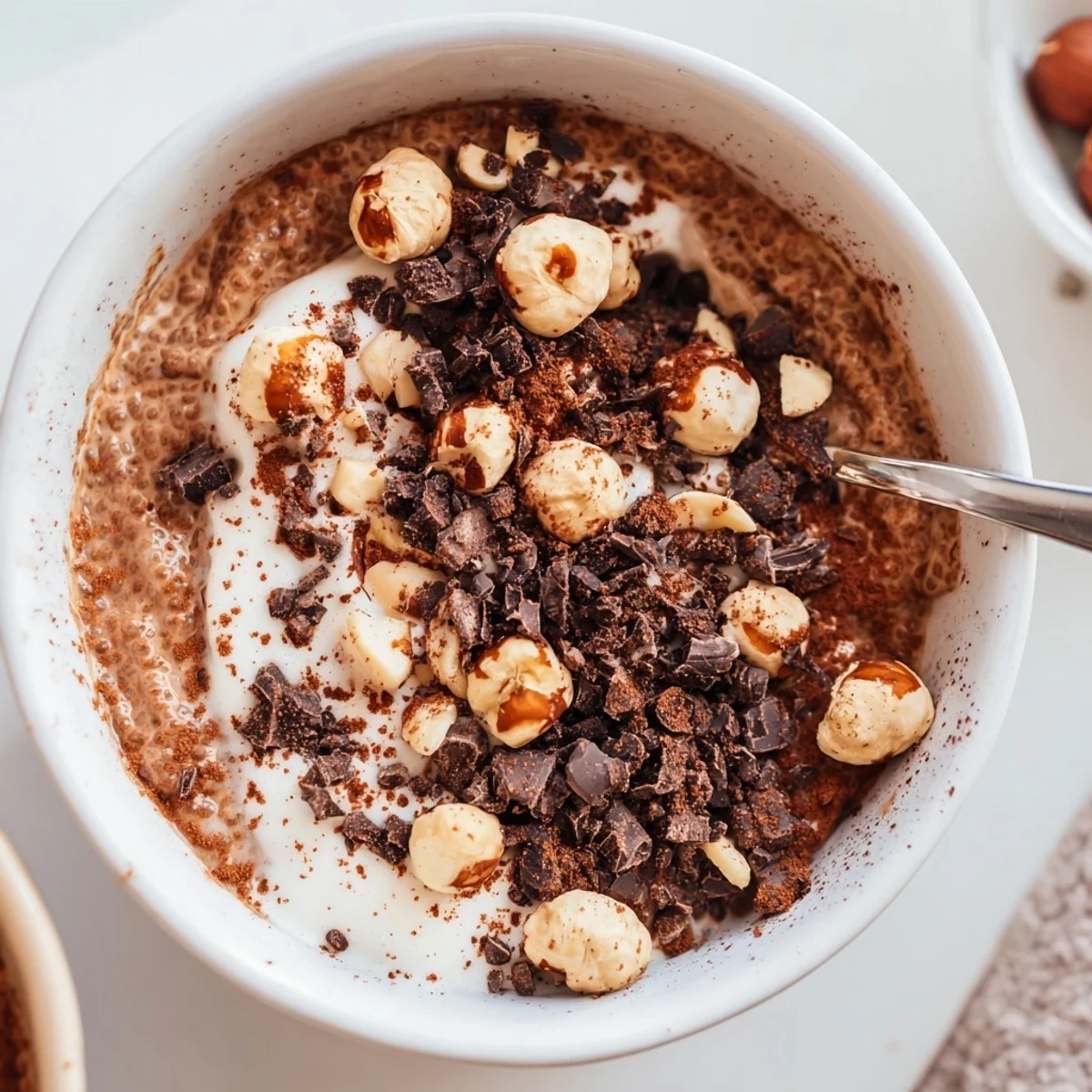 A clear glass reveals layers of Tiramisu Chia Breakfast Bowl with espresso-soaked chia and berries.