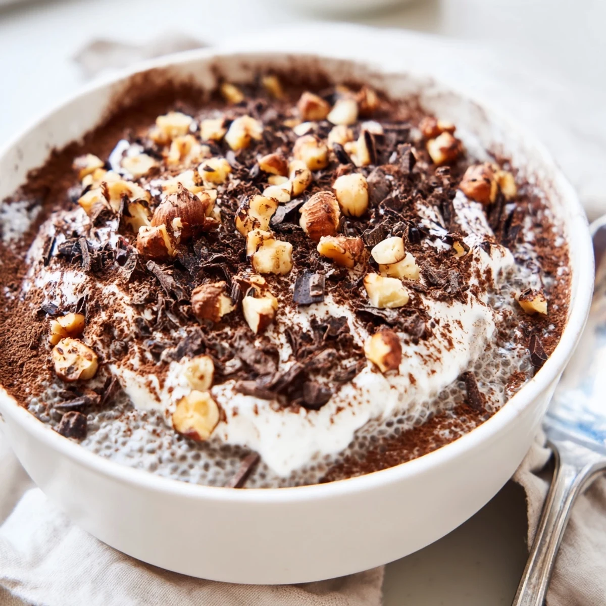 The Tiramisu Chia Breakfast Bowl is dusted with cocoa powder and topped with dark chocolate shavings.