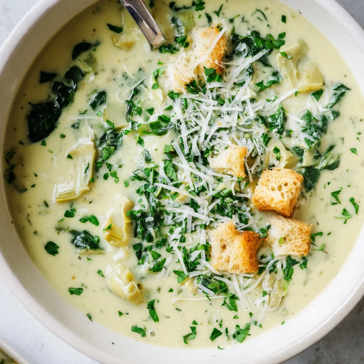 Creamy Spinach Artichoke Hearty Soup in a rustic bowl, garnished with croutons and parsley.