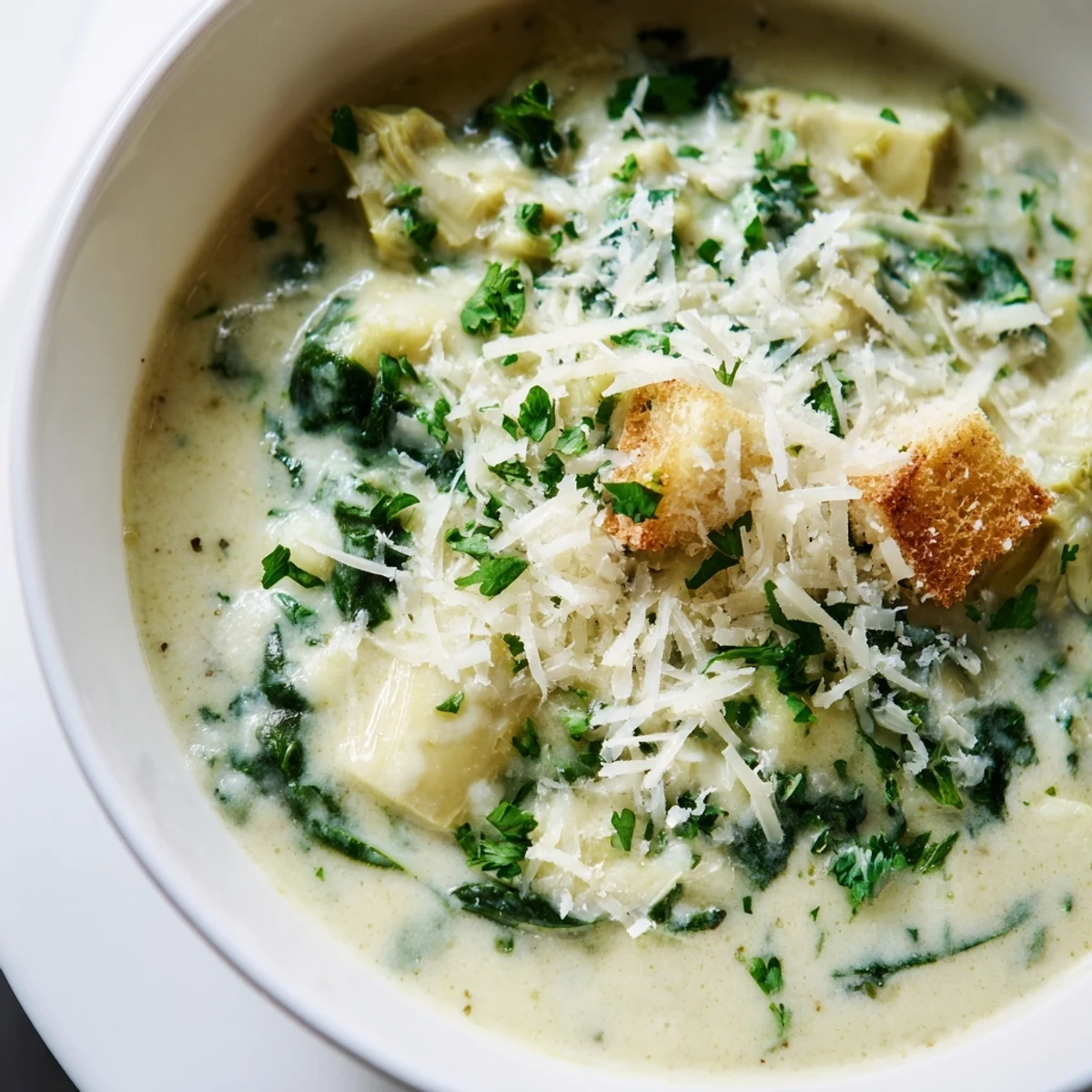 A close-up of Creamy Spinach Artichoke Hearty Soup served with crusty bread for dipping.