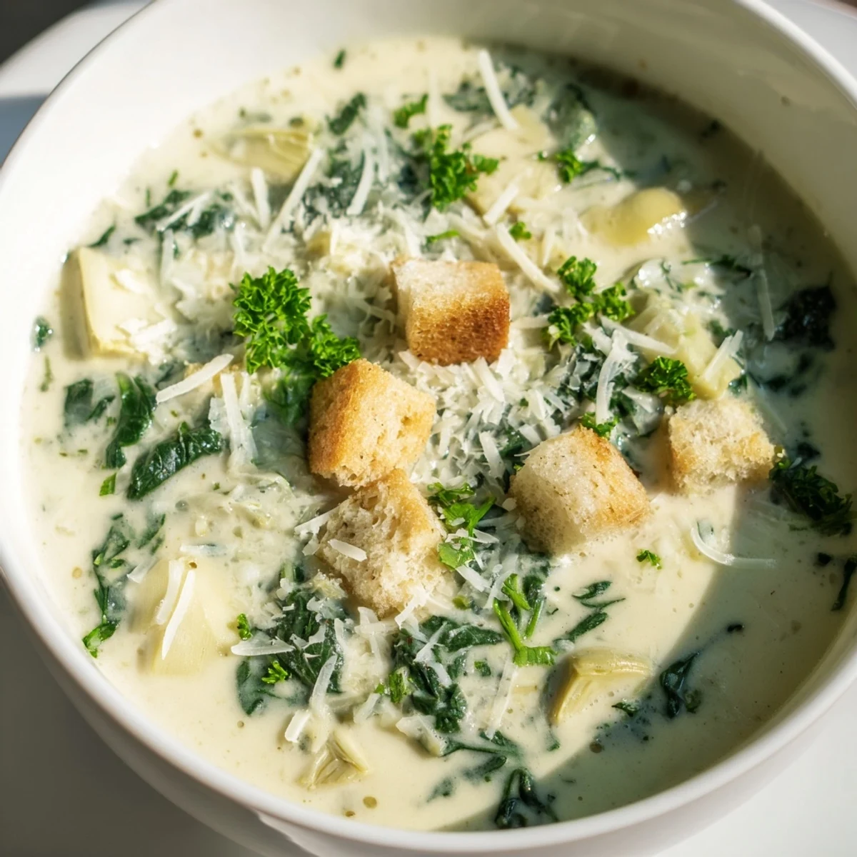 Creamy Spinach Artichoke Hearty Soup in a warm bowl, topped with extra Parmesan and fresh parsley.