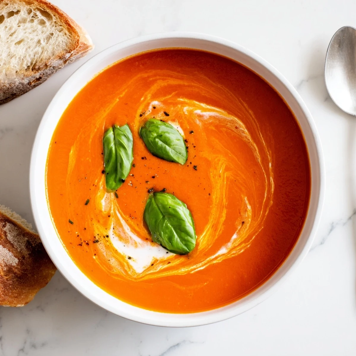 Creamy Roasted Red Pepper and Tomato Hearty Soup with a swirl of plant-based cream and crusty bread.