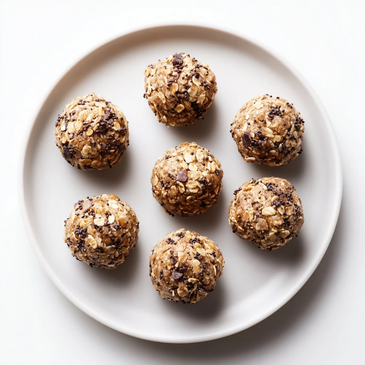 A close-up of Peanut Butter Mocha Energy Sweet Treat Bites on a marble counter, showing the rich cocoa and melted chocolate chips in each no-bake ball.