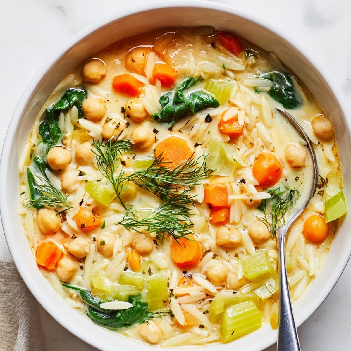 Spoon lifting a creamy bowl of Creamy Lemon Chickpea Orzo Hearty Soup beside crusty bread.