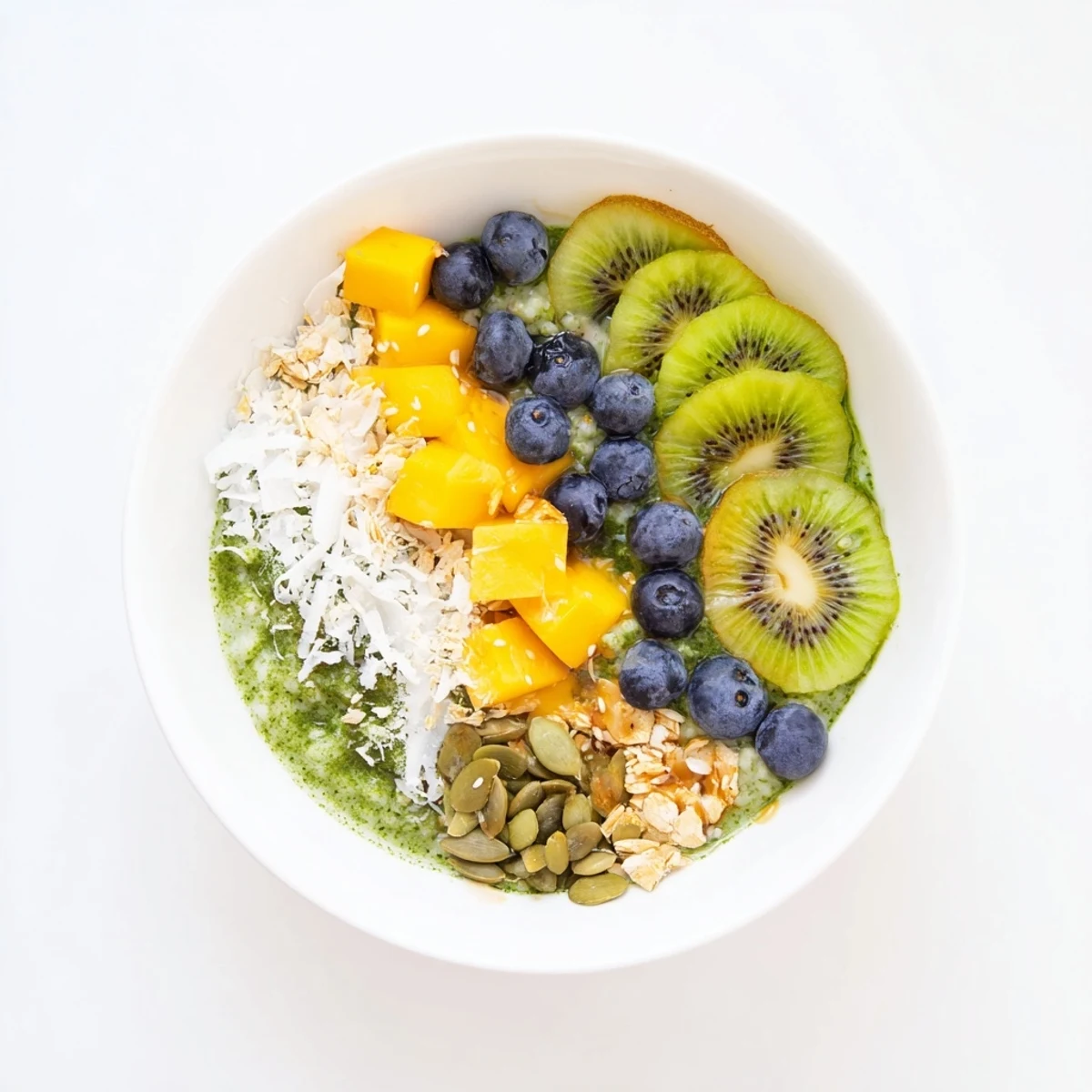 Two warm bowls of Matcha Coconut Rice Breakfast Bowl feature creamy green-tinted rice topped with kiwi and mango.