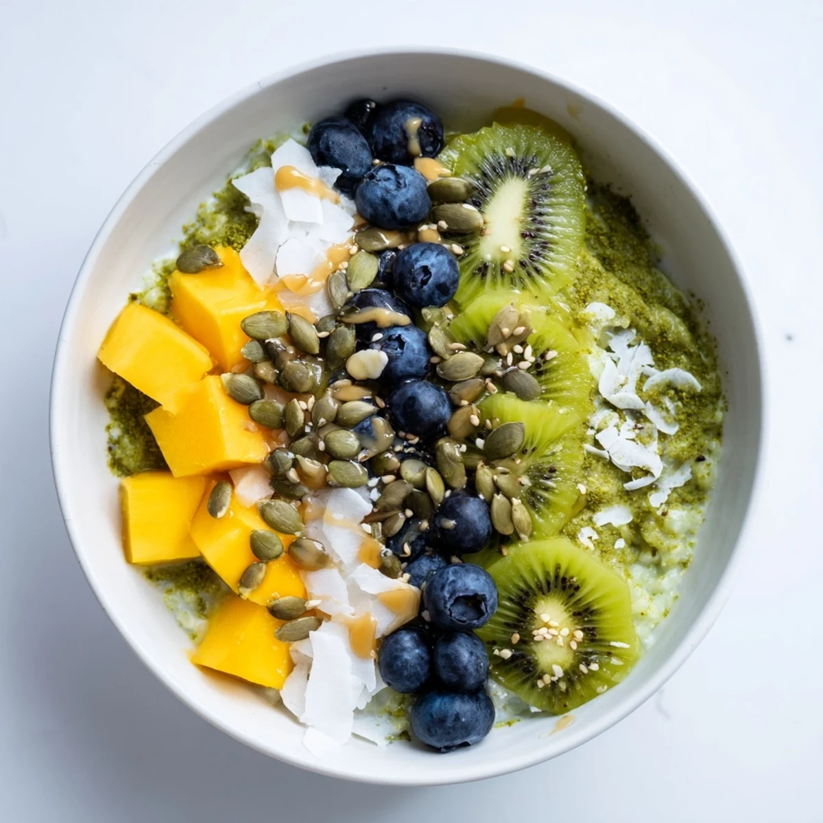 Overhead shot of Matcha Coconut Rice Breakfast Bowl with pumpkin seeds and a honey drizzle, ready for a nourishing morning meal.