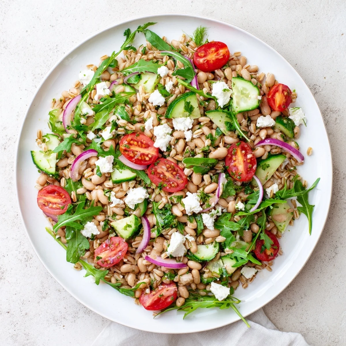 A generous serving of Farro, Arugula, and White Bean Grain Salad in a white bowl with a lemon wedge garnish.